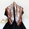 Elegant vintage brown landscape print silk square scarf 90cm satin fashion neckerchief - Coffee (Tree Landscape)