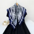 Blue and white 90cm square silk scarf with classic pastoral print and striped border variant. - Blue (Toile de Jouy)