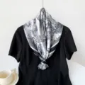 Classic black and white toile de jouy print 90cm satin square silk scarf for women. - Black (Jouy Monochrome)