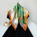 Elegant green and white satin square scarf with vibrant orange border for stylish women. - Orange (Oil Painting)