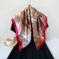 Satin square silk scarf, 90cm retro chain print design scarf for elegant women daily wear. - Red (Oil Painting Landscape)