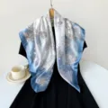 Blue white floral satin square scarf 90cm elegant women head scarf fashion neck wrap - Blue (Floral Panel)
