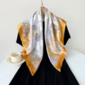 Elegant floral print satin square scarf for women, soft silk feel, 90cm large neckerchief. - Yellow (Golden Border Floral)
