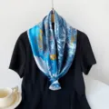 Elegant 90cm blue imitation silk square scarf with luxury chain and carriage print. - Blue (Tropical Botanical)
