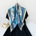Blue floral satin square scarf 90cm, stylish stripe border headscarf for women fashion. - Blue (Floral Stripe)