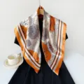 Women satin square scarf 90cm elegant floral print orange silk feel neckerchief accessory. - Orange (Floral Stripe)