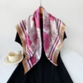 Silk square scarf with elegant floral and stripe print, 90cm satin fashion accessory for women. - Pink (Floral Stripe)