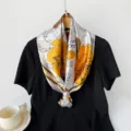 Floral print satin square scarf, 90cm elegant silk feel ladies headscarf and neckerchief. - Beige (Line Floral)
