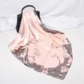 Pink satin square scarf with elegant plum blossom print, 90cm vintage silk feel neckerchief. - D9040-Grey Pink