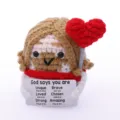 Handmade crochet doll variant, cute Jesus figure holding heart balloon and card with quote. - Boy with White Body & Red Scarf