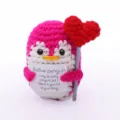 Handmade crochet positive penguin doll holding red heart and encouraging card, cute gift. - Rose Red & Cream Penguin