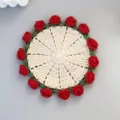 Handmade crochet flower coaster round knit wool table mat with cute red roses and green leaves - Rose Coaster / Crimson & Apricot & Olive Green