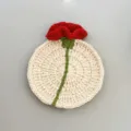 Handmade crochet rose flower coaster, cute round knitted wool cup mat for home table decoration. - Single Rose Coaster / Crimson & Apricot & Olive Green