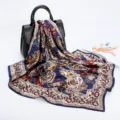 Exquisite paisley print square silk scarf, 90cm large vintage headscarf and versatile shawl. - D9046-Navy Blue