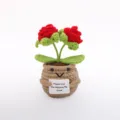 Handgemaakte gehaakte roos potplant speelgoed detail, schattige bloem decoratie voor bureau. - Roos in pot met 2 rode koppen en bruine pot