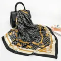 Elegant 88cm black and white silk feel square scarf with classic carriage and chain print. - D9055-Black Edge