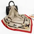 Vintage horsebit print square silk scarf for women, elegant satin hair cover neck wrap. - D9055-Red Edge