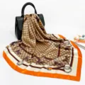 Orange Border Geometric Print Satin Square Scarf, Luxury Style Elegant Women's Headscarf 88cm - D9055-Orange Edge