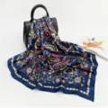 Women paisley floral print square scarf satin silk feel headwrap elegant neckerchief 88cm - D9168-Navy Blue