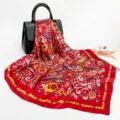 Red paisley floral print satin square scarf 88cm women elegant neckerchief headscarf - D9168-Red