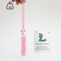 Handmade crochet worry worm keychain cute pink plush charm with wooden bead and card. - Pink