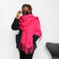 Long solid color imitation cashmere scarf with tassels, warm winter fashion neckerchief shawl. - Rose Red
