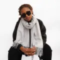 Classic light grey cashmere-feel winter scarf with fringe stylish warm accessory for women - Light Gray
