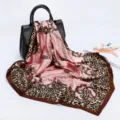 90cm pink leopard chain print silk satin square scarf, elegant vintage fashion women hijab. - D9189 - Coffee Pink