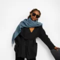 Blue solid color cashmere feel long winter scarf, warm knit fashion neck wrap for women. - Smoke Blue