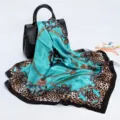 Luxury turquoise satin square scarf with gold chain and leopard print for women fashion. - D9189-Black Sky Blue