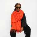 Solid color imitation cashmere scarf, anchor red long warm knitted shawl for women. - Orange