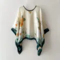 Women floral print silk poncho sunscreen shawl elegant botanical cape scarf for summer travel - TL11041 Jade with Yellow Flowers