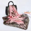 Pink satin square scarf featuring a bold leopard and golden chain baroque print. Perfect stylish accessory. - D9189-Pink