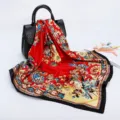 Red baroque floral print satin square scarf, elegant 90cm large headwear for women. - D9128-Red