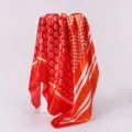 Red orange silk square scarf with geometric dots and striped borders, elegant women accessory - D9379 - Red + Orange