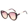 Modische Katzenauge Sonnenbrille mit Farbverlauf, rotem Gestell und goldenen Metallbügeln. - Dunkelbrauner Rahmen Lila-Rosa Verlaufsgläser