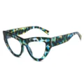 Blaue Schildpatt Katzenaugen Brille, stilvoller übergroßer Brillengestell für Damen. - Klare Gläser / Grüner Leopardenrahmen