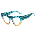 Modische Katzenauge Brille mit blauem Farbverlauf Leopardenmuster fuer Damen Alltag. - Klare Gläser / Blau und Tee Farbverlauf Rahmen