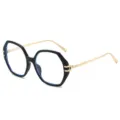 Modische Retro Oversize Polygon Brille mit schwarzem Rahmen und goldenen Metallbugeln. - Polygonaler Großer Rahmen (3269) / Glänzend schwarzer Rahmen / Klare Gläser