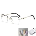 Stilvolle randlose Lesebrille für Herren, Blaulichtfilter Metallgestell in Goldfarbe. - Blaulichtschutz / Goldrahmen Mit Ovalem Etui Und Tuch / Gold