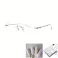 Moderne rahmenlose Metall Blaulichtfilter Brille mit silbernen Bügeln und Etui Set - Silberrahmen (Ovales Etui + Tuch) / Ohne Sehstärke Blaulichtfilter / Silber