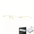 Goldene rahmenlose Brille mit vintage gravierten Metallbügeln, klaren Gläsern und Etui. - Goldrahmen (Mattiertes Etui + Tuch) / Ohne Sehstärke Blaulichtfilter / Gold