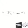 Elegante rahmenlose Metall-Kurzsichtigkeitsbrille mit verzierten Bügeln für den täglichen Gebrauch. - Silberrahmen (Mattiertes Etui + Tuch) / Ohne Sehstärke Blaulichtfilter / Silber