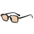 Black square sunglasses for men and women, trendy narrow frame with brown lenses and metal detail. - C6 Bright Black Frame Light Tea Lens