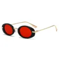 Modische Retro Ovale Sonnenbrille mit schwarzen dicken Rahmen, roten Gläsern und goldenen Bügeln. - Glänzendes Schwarz-Rot