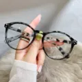Leichte runde Brille im japanischen Stil mit klaren Gläsern für tägliche Damen - Schwarzer Leopard / Planglas