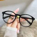 Leichter schwarzer runder Brillengestell japanischer Stil optische Brille Damen Mode - Glänzender schwarzer Rahmen / Planglas
