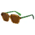 Trendy wavy square sunglasses with brown tortoise frame and green wavy temples for summer beach. - Metal Hinge / C4 Transparent Tea Frame Green Temples