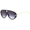 Retro oversized double-bridge pilot sunglasses with gradient lenses and gold temples. - Black Frame Double Gray Lens