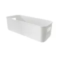 White plastic rectangular desktop storage box with handles for office, dorm, and cosmetics. - White